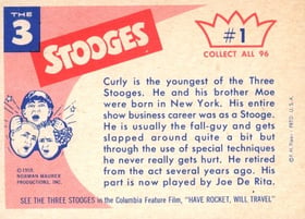 1959 Fleer Three Stooges #1 Curly Revesrse