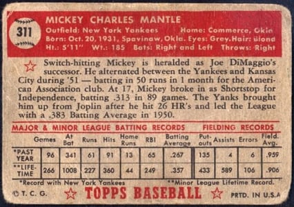 1952 Topps #311 Mickey Mantle - Back