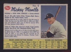 1962 Canadian Post Cereal Mickey Mantle Yankees