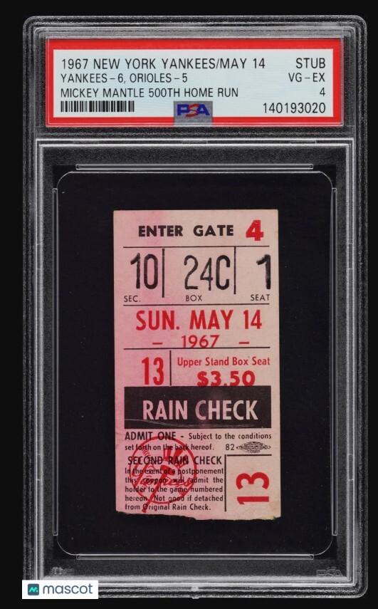 Mickey Mantle 500th Career Home Run Ticket Available from Just Collect
