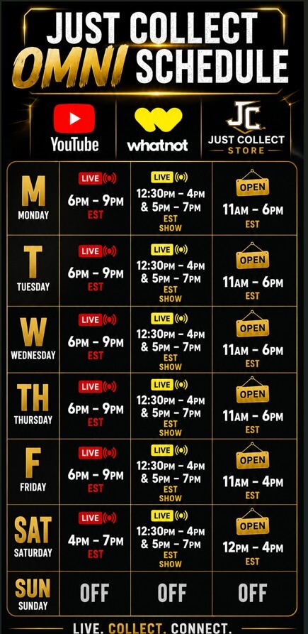 Just Collect Live Breaks and Selling Schedule for YouTube and Whatnot